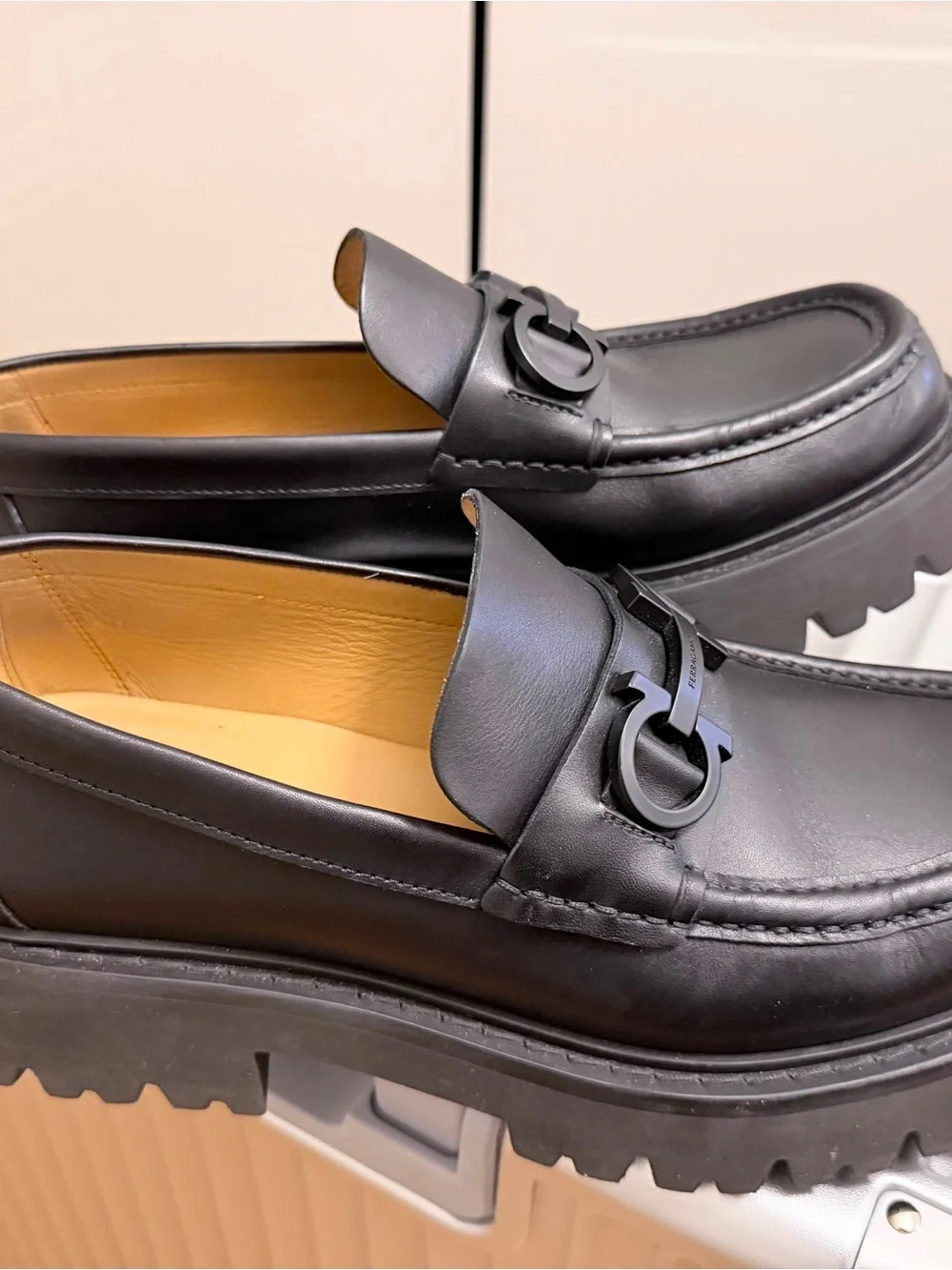 Salvatore Ferragamo Black Leather Gancini-Trim Slip-On Loafers